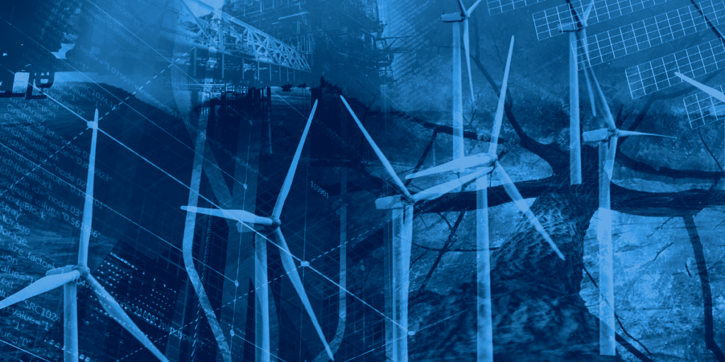 Large windmills and solar pannels overlaid with blue.