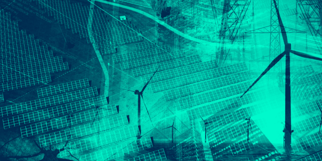 An illustrative image of solar panels and turbines in bright greens and blues