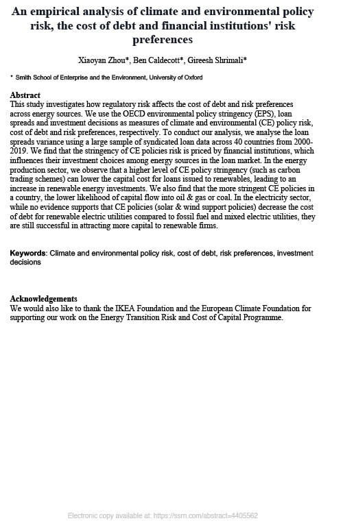 An Empirical Analysis of Climate and Environmental Policy Risk, the Cost of Debt and Financial Institutions' Risk Preferences report cover.