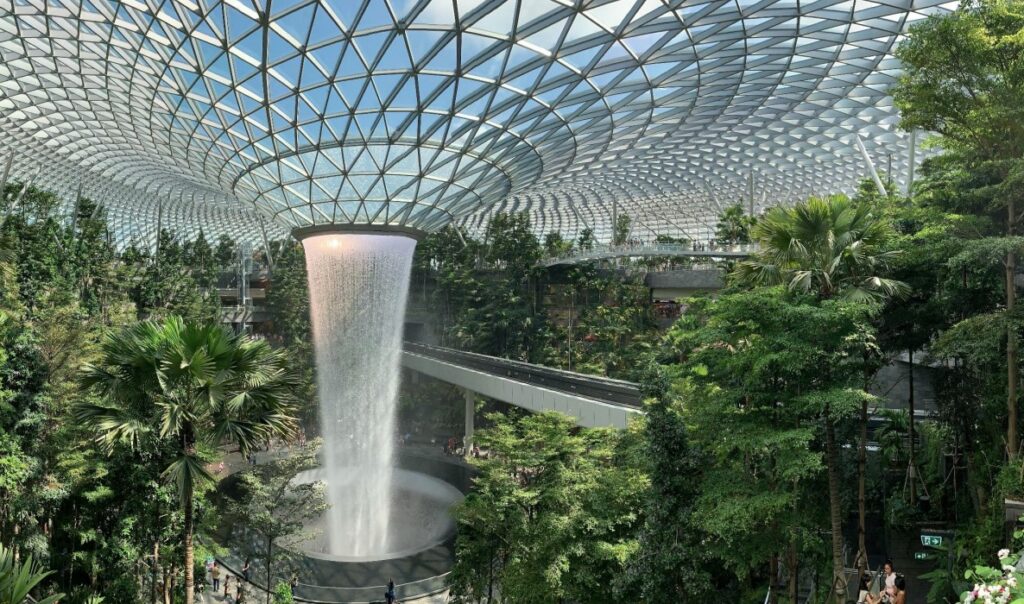 Water fountain coming from glass roof, surrounded by green shrubs and trees.